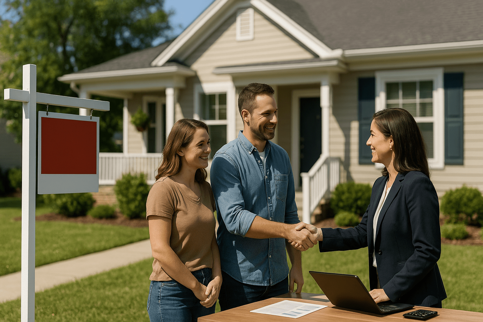 Homeowners celebrating successful home listing with real estate agent in front of For Sale sign