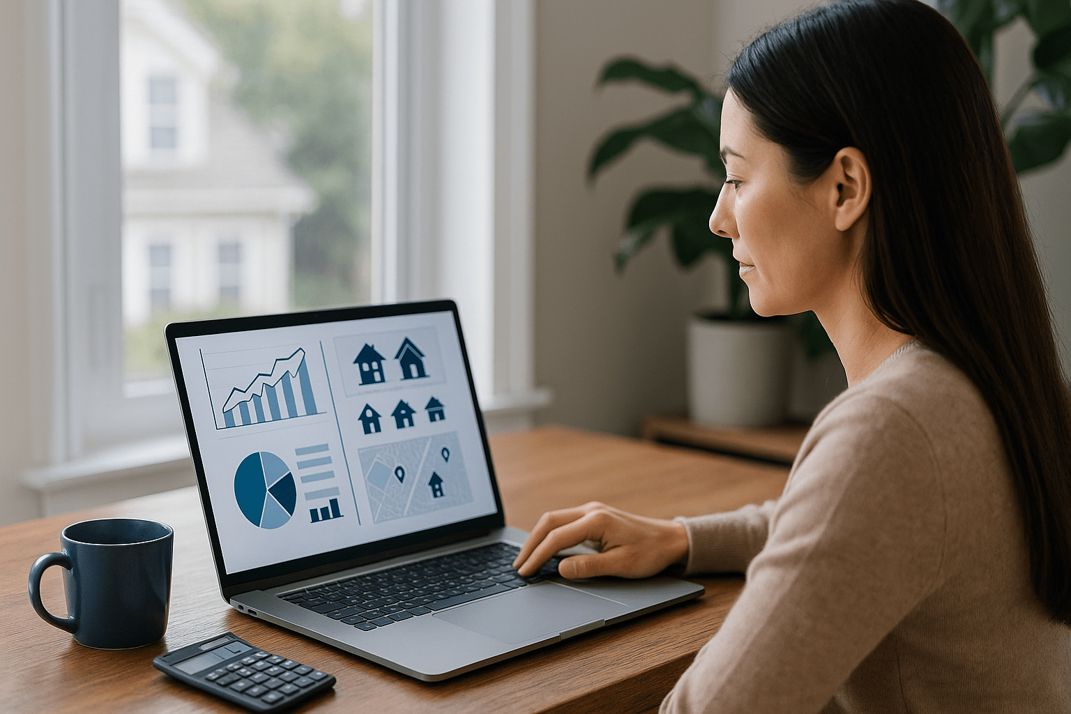 Homeowner using online home value estimator to check property worth