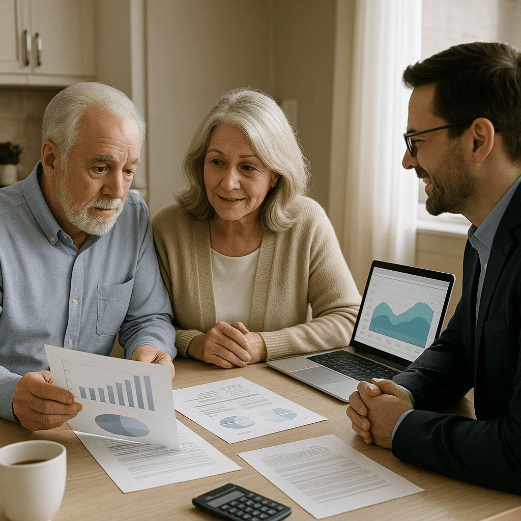 Senior couple consulting with advisor about reverse mortgage basics at home
