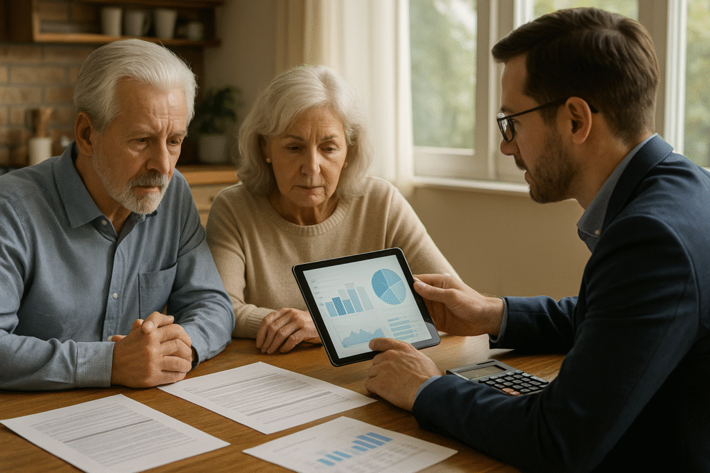 Senior couple reviewing reverse mortgage pros and cons with financial advisor