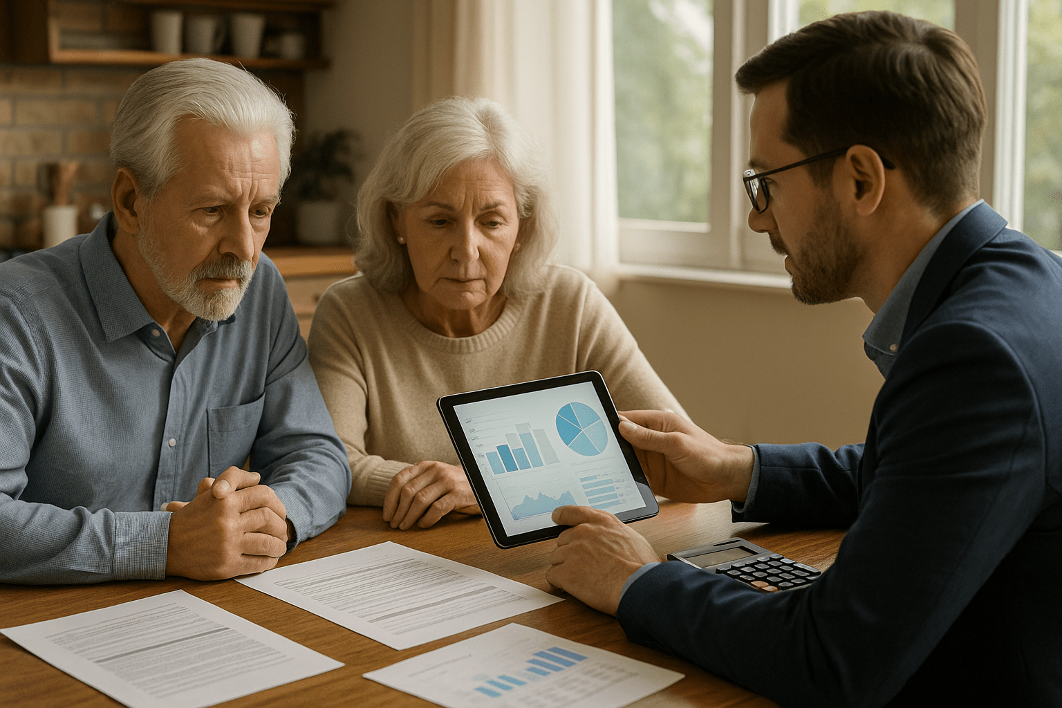 Senior couple reviewing reverse mortgage pros and cons with financial advisor