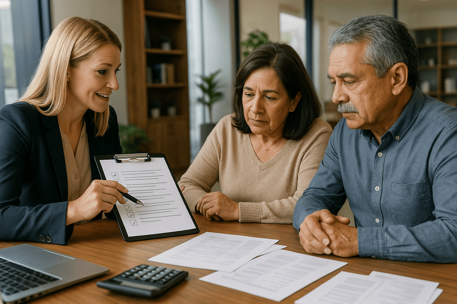 Senior couple consulting with reverse mortgage specialist about eligibility requirements