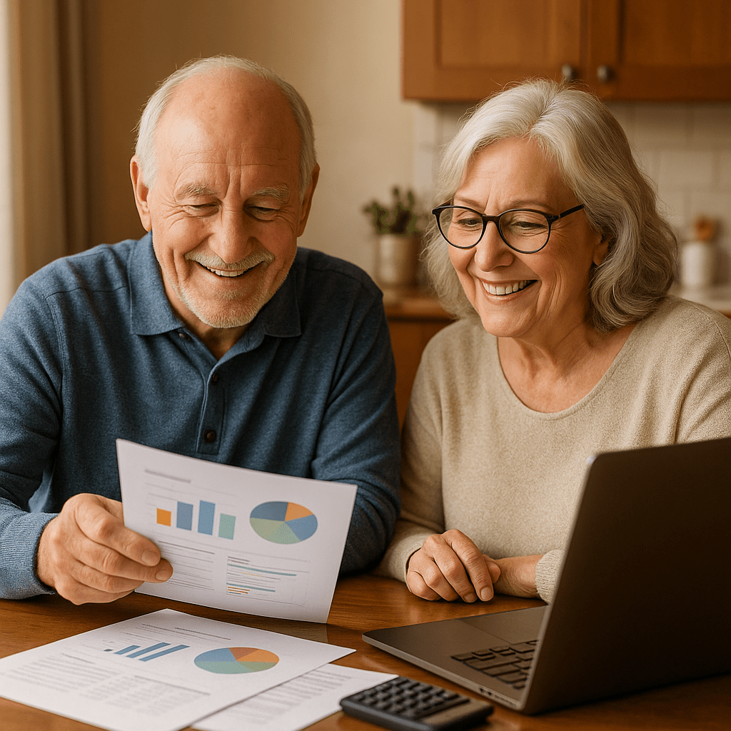 Retired couple reviewing monthly reverse mortgage income statements showing increased cash flow