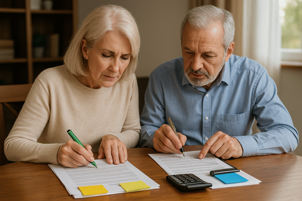 Senior couple comparing reverse mortgage and HELOC documents at home