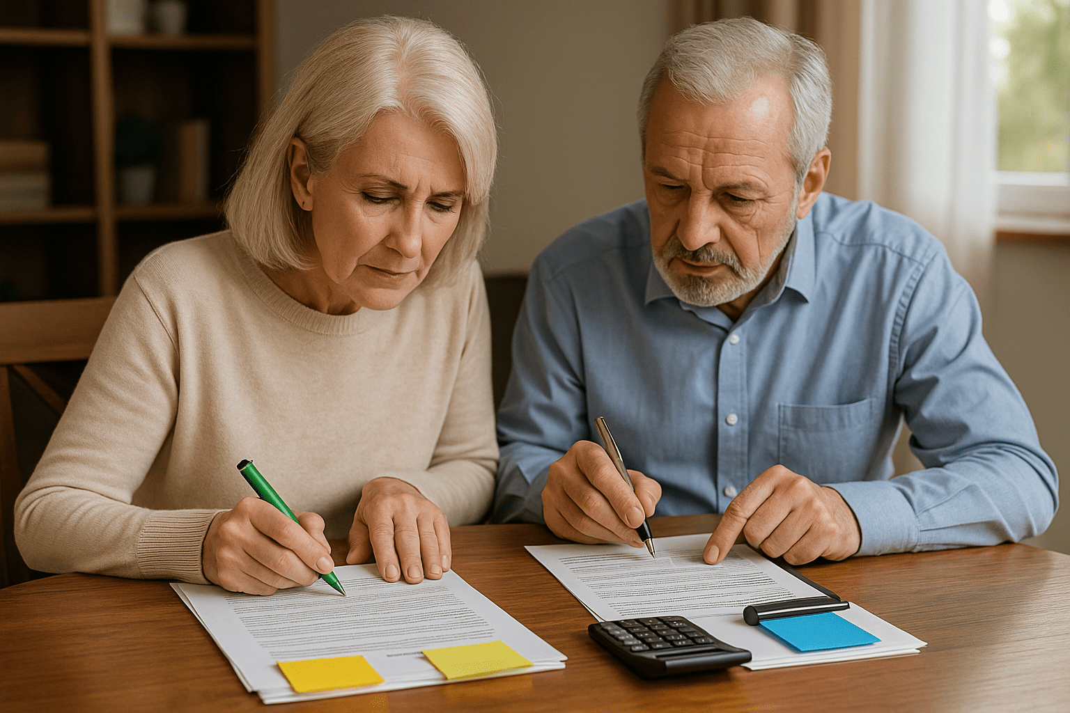 Senior couple comparing reverse mortgage and HELOC documents at home