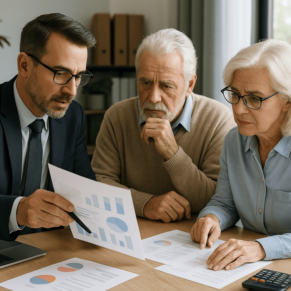 Senior couple receiving honest reverse mortgage risk disclosure from transparent advisor