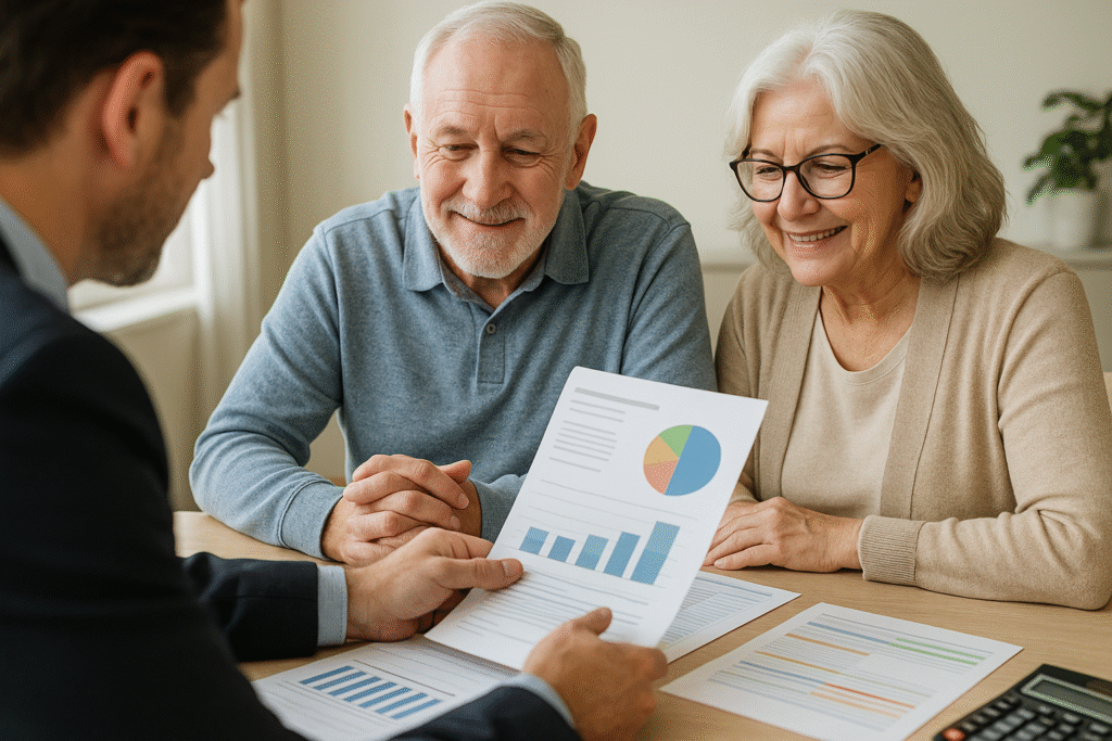 CPA explaining tax-free reverse mortgage treatment to retired couple during tax consultation