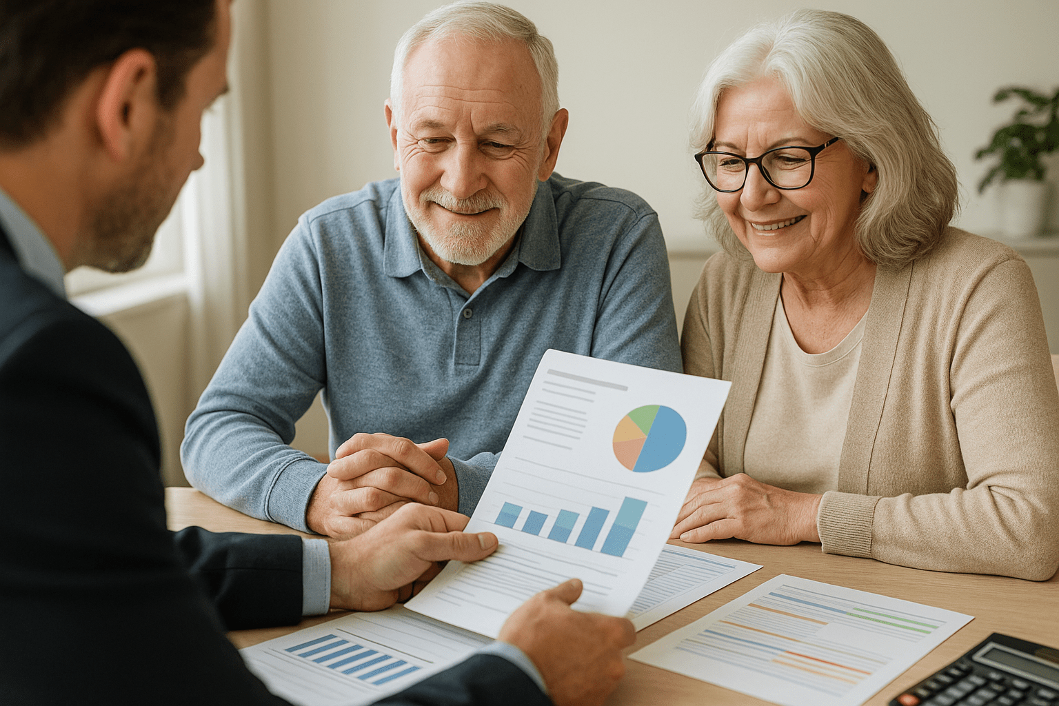 CPA explaining tax-free reverse mortgage treatment to retired couple during tax consultation