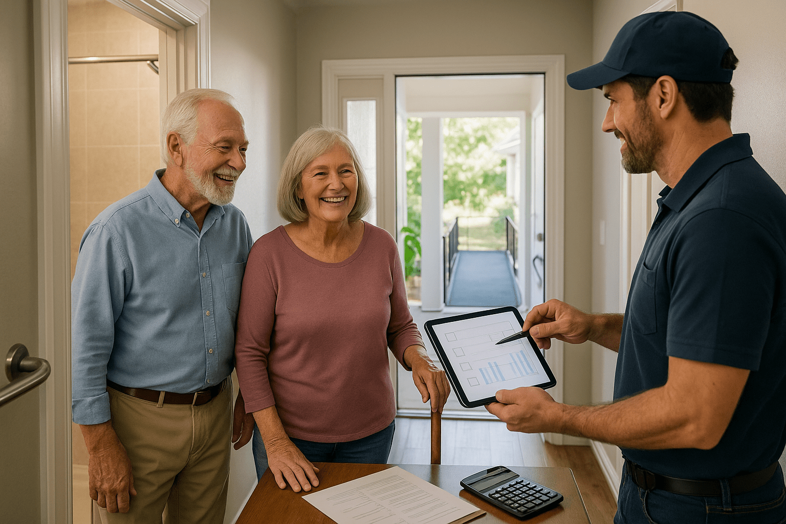 Senior couple reviewing completed aging-in-place home modifications with contractor