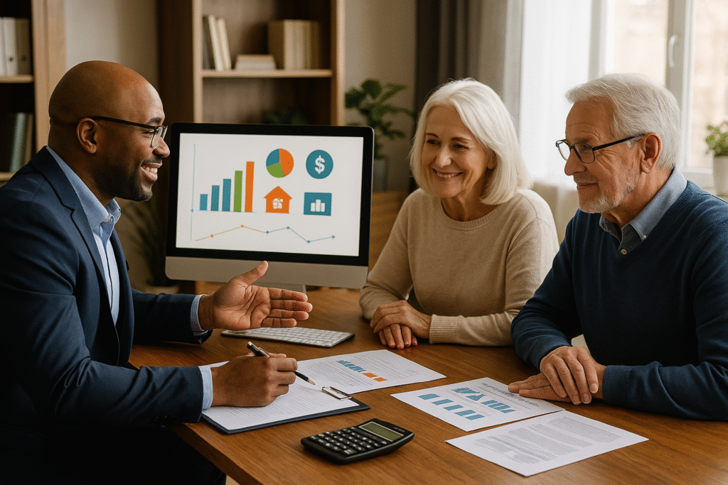 Financial advisor presenting comprehensive retirement income strategy including home equity coordination