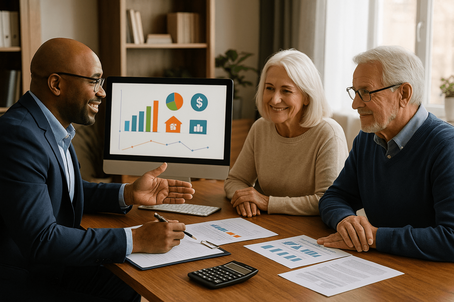 Financial advisor presenting comprehensive retirement income strategy including home equity coordination