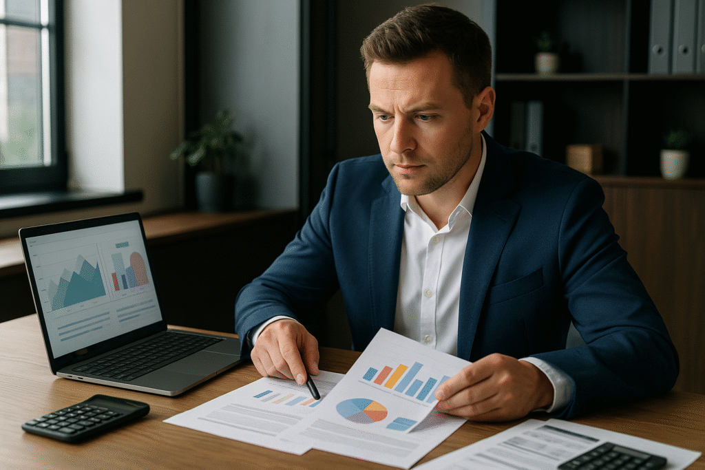 Active real estate investor reviewing real estate team members and property documents for portfolio scaling strategy