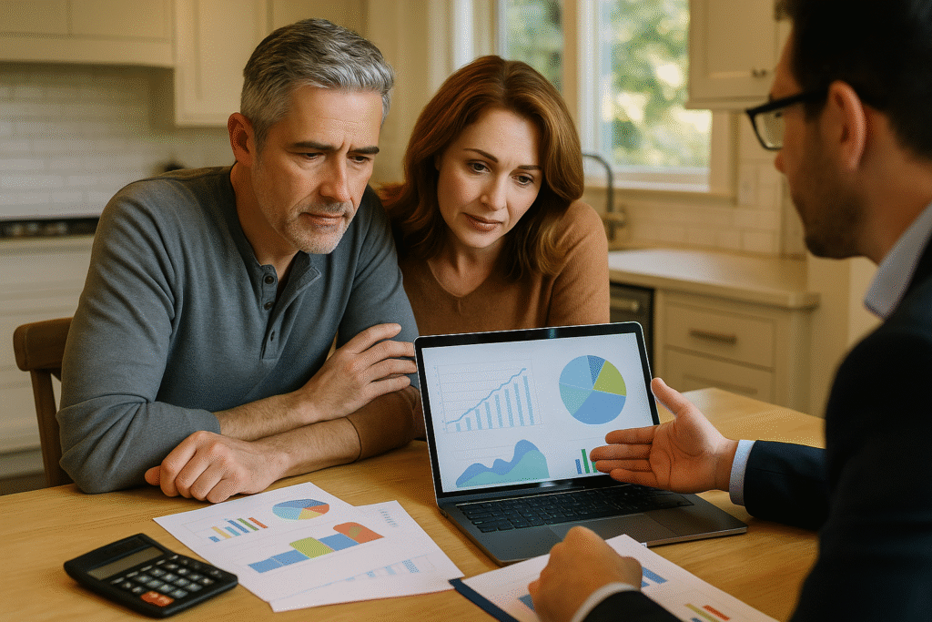 Homeowners analyzing mortgage payoff opportunity cost with financial advisor