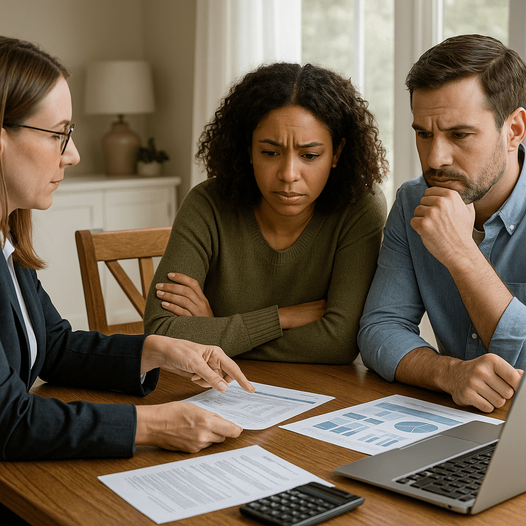 Homeowners reviewing insurance policy coverage with agent analyzing gaps and costs