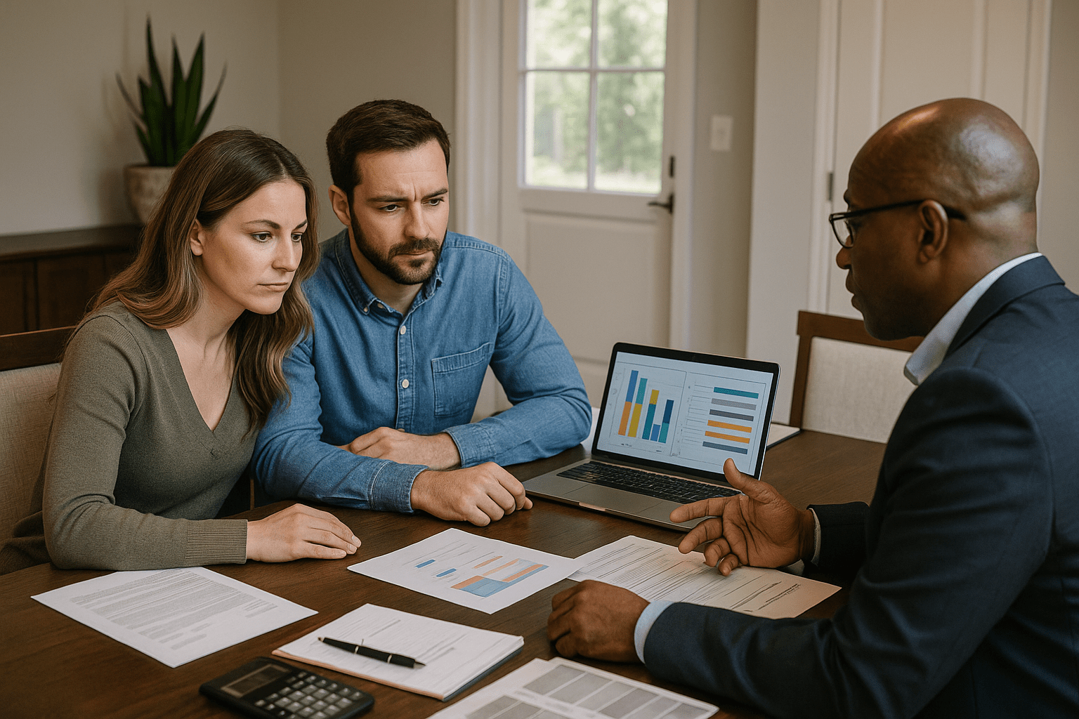 Homeowners consulting with property manager about converting primary residence to rental property