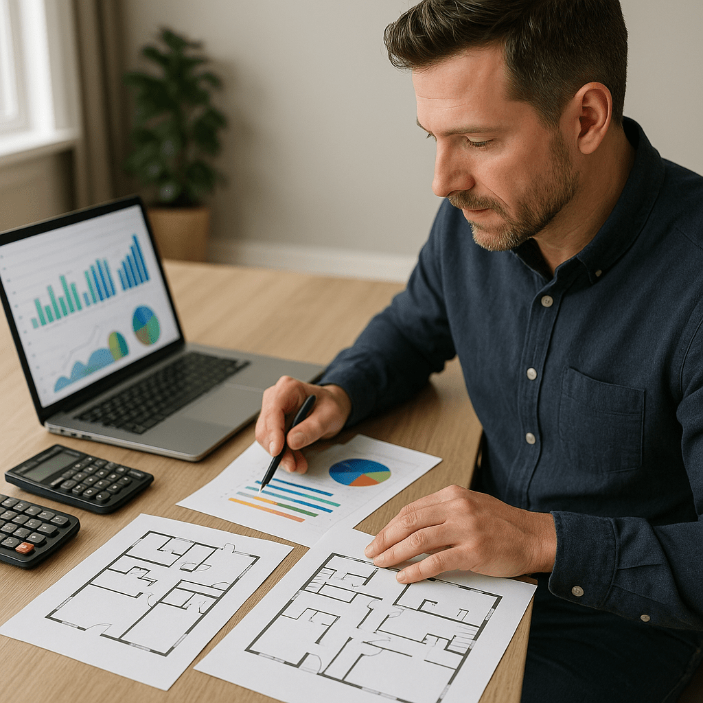 Active investor analyzing multifamily real estate investing comparison documents evaluating economies of scale versus single-family portfolio