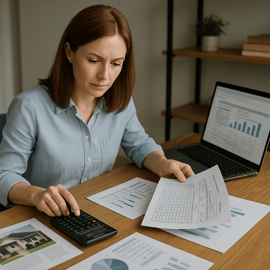 Active investor calculating house renovation cost budget using detailed spreadsheet and property inspection documents