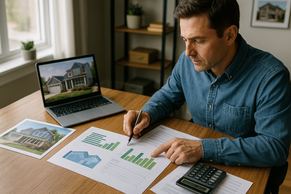 Real estate investor analyzing types of loans for flipping houses review with hard money terms and renovation budget comparing different financing options for flip project