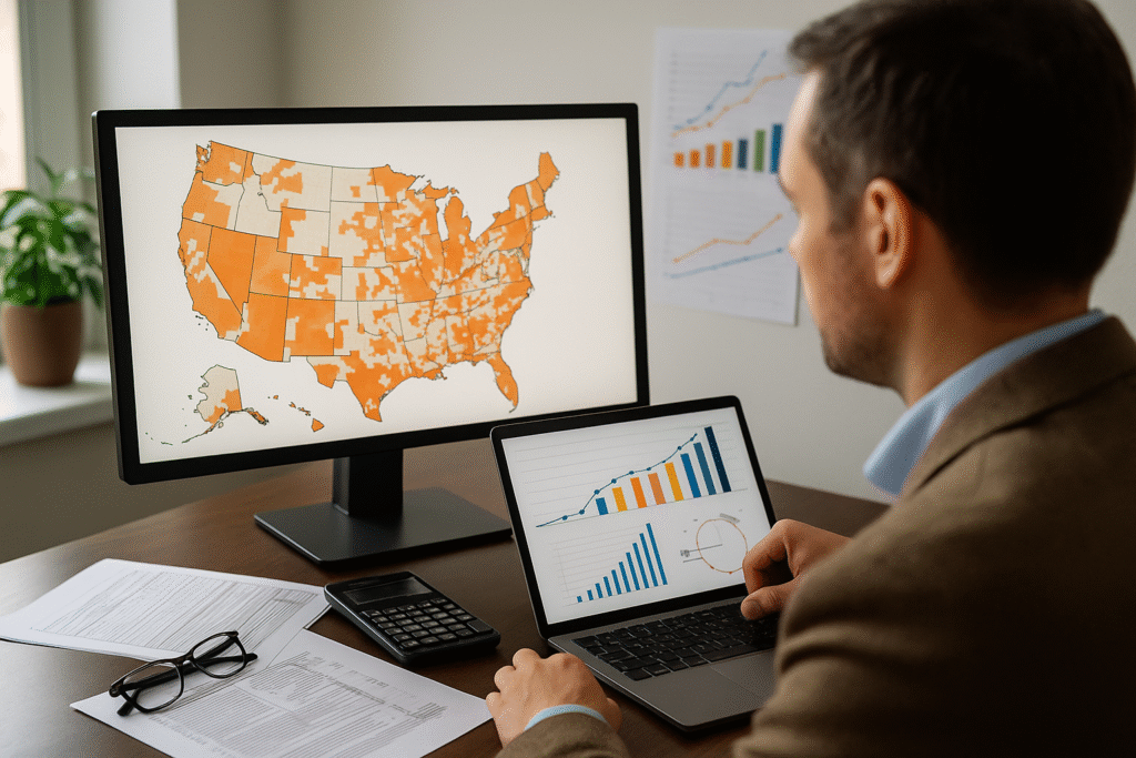 Real estate investor analyzing opportunity zone funds map and tax benefits for capital gains deferral investment planning