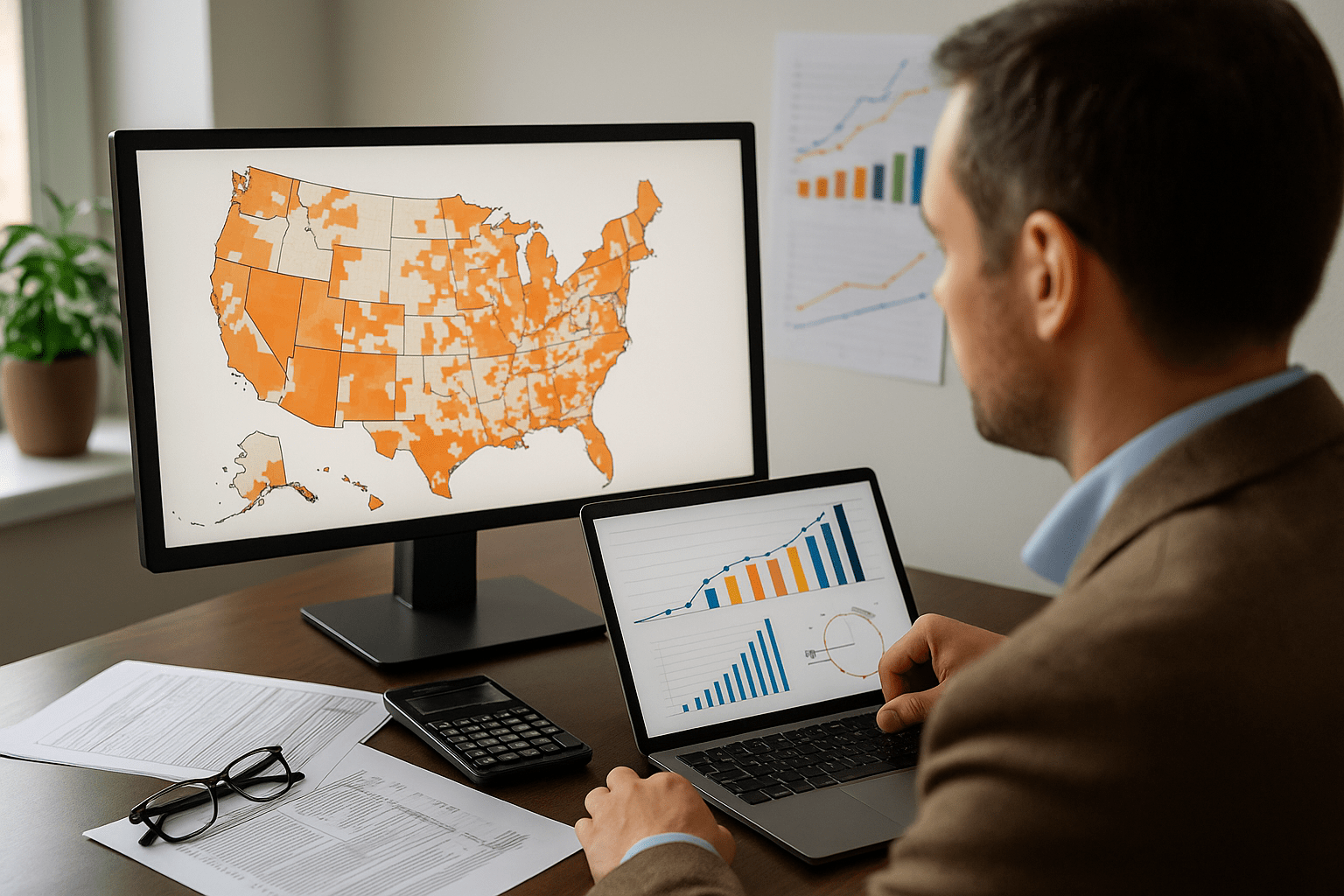 Real estate investor analyzing opportunity zone funds map and tax benefits for capital gains deferral investment planning