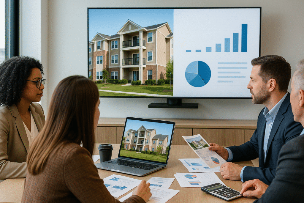 Investors evaluating opportunity to invest in apartment complexes through syndication presentation showing multifamily property and projected returns