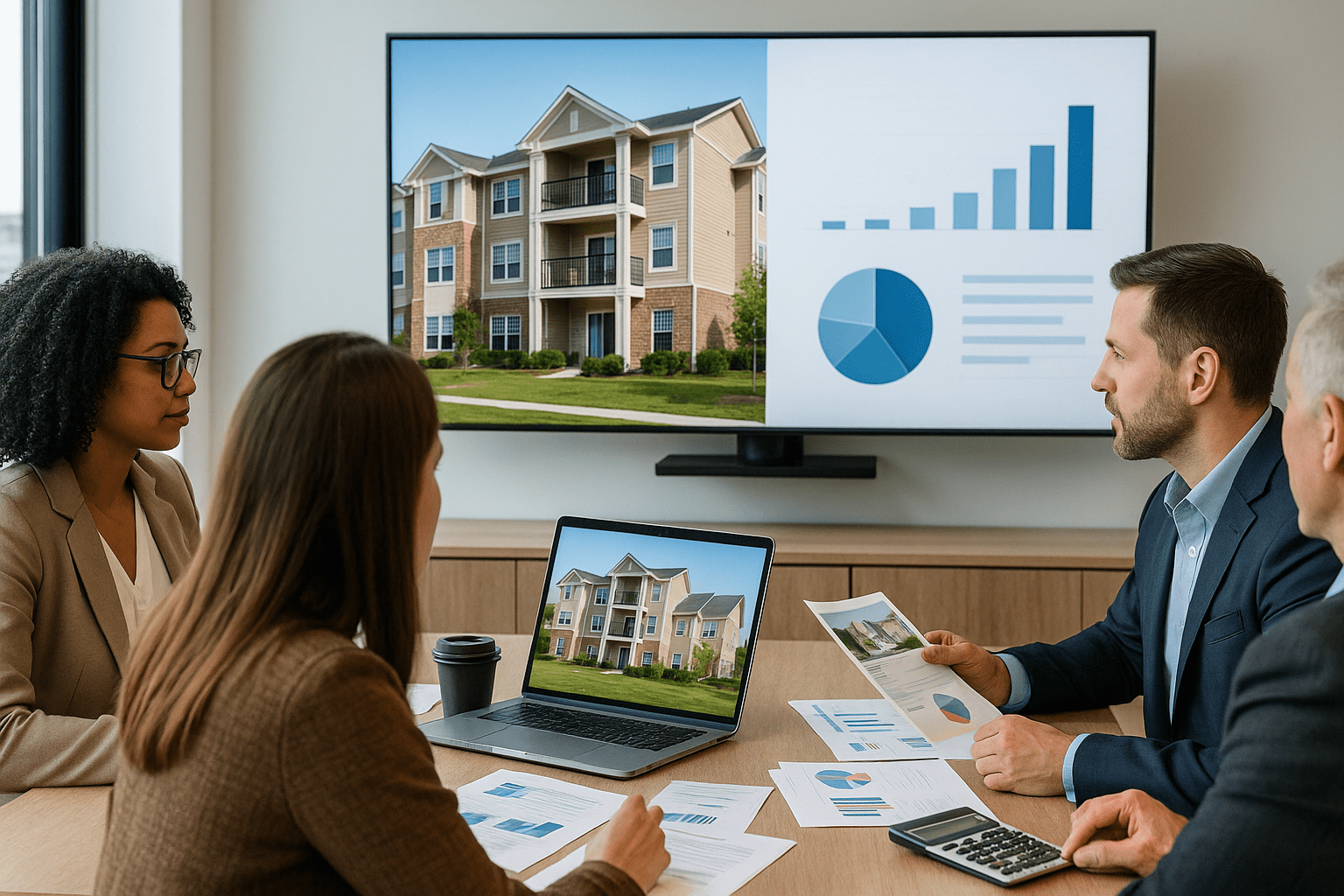 Investors evaluating opportunity to invest in apartment complexes through syndication presentation showing multifamily property and projected returns