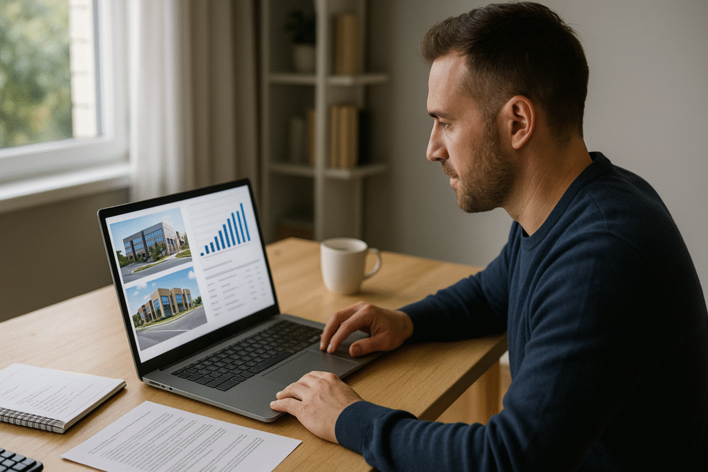 Passive investor evaluating opportunities to invest in commercial real estate through syndication offerings and property analysis