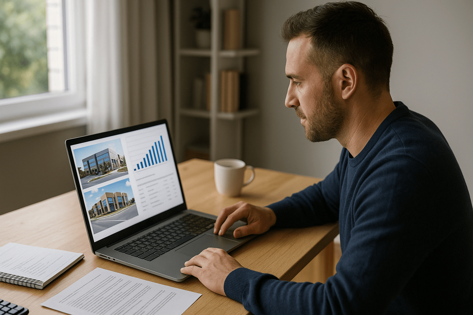 Passive investor evaluating opportunities to invest in commercial real estate through syndication offerings and property analysis