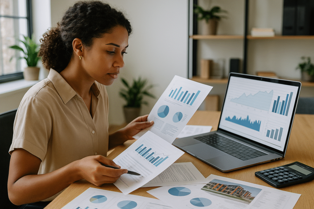 Passive investor conducting commercial real estate analysis reviewing property underwriting and market fundamentals for syndication opportunity