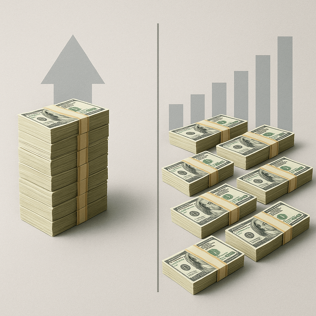 Visual demonstration of portfolio and diversification benefits comparing concentrated single investment risk versus distributed capital across multiple opportunities
