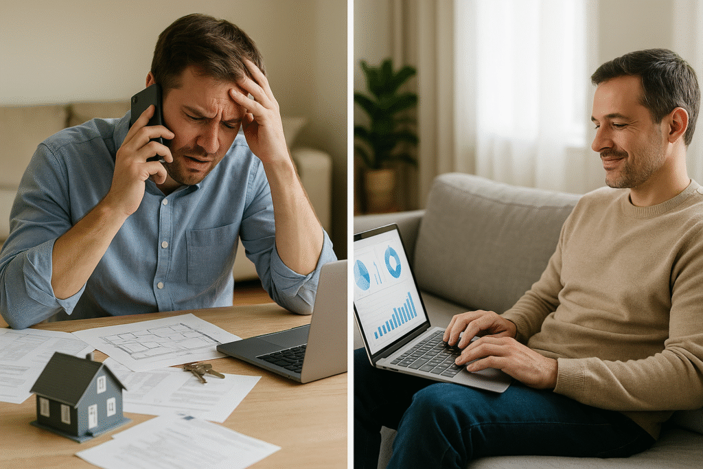 Time commitment comparison showing passive portfolio management freedom versus active property management demands