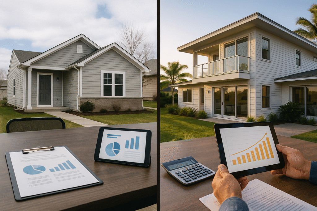 Visual comparison of cash flow real estate vs appreciation real estate showing different property types and return characteristics