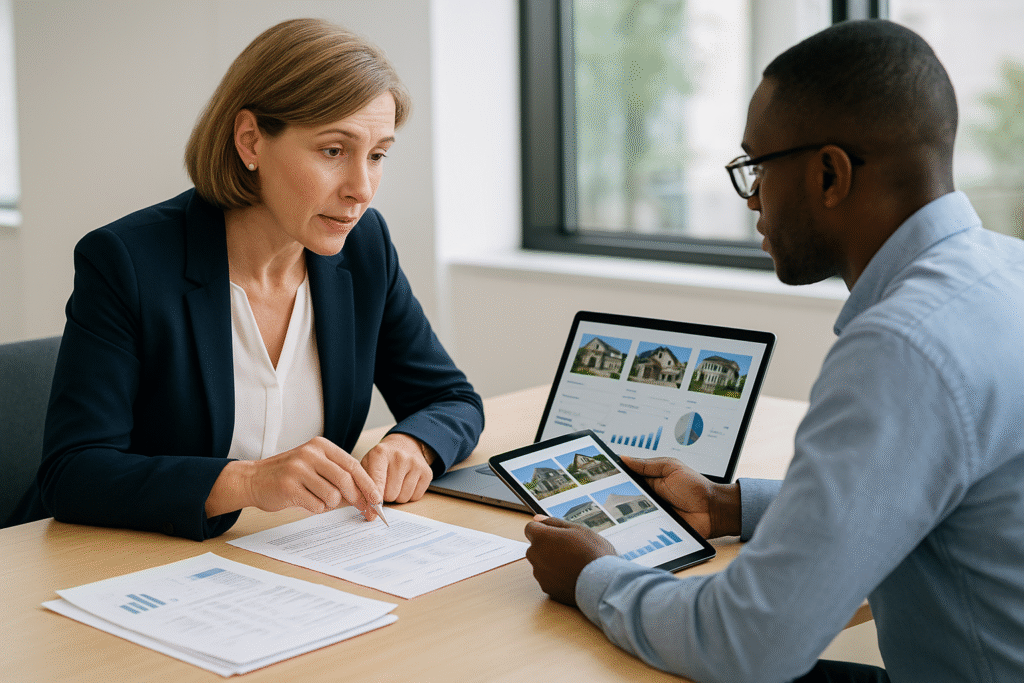 Self directed IRA real estate discussion between financial advisor and investor reviewing retirement account property investment options