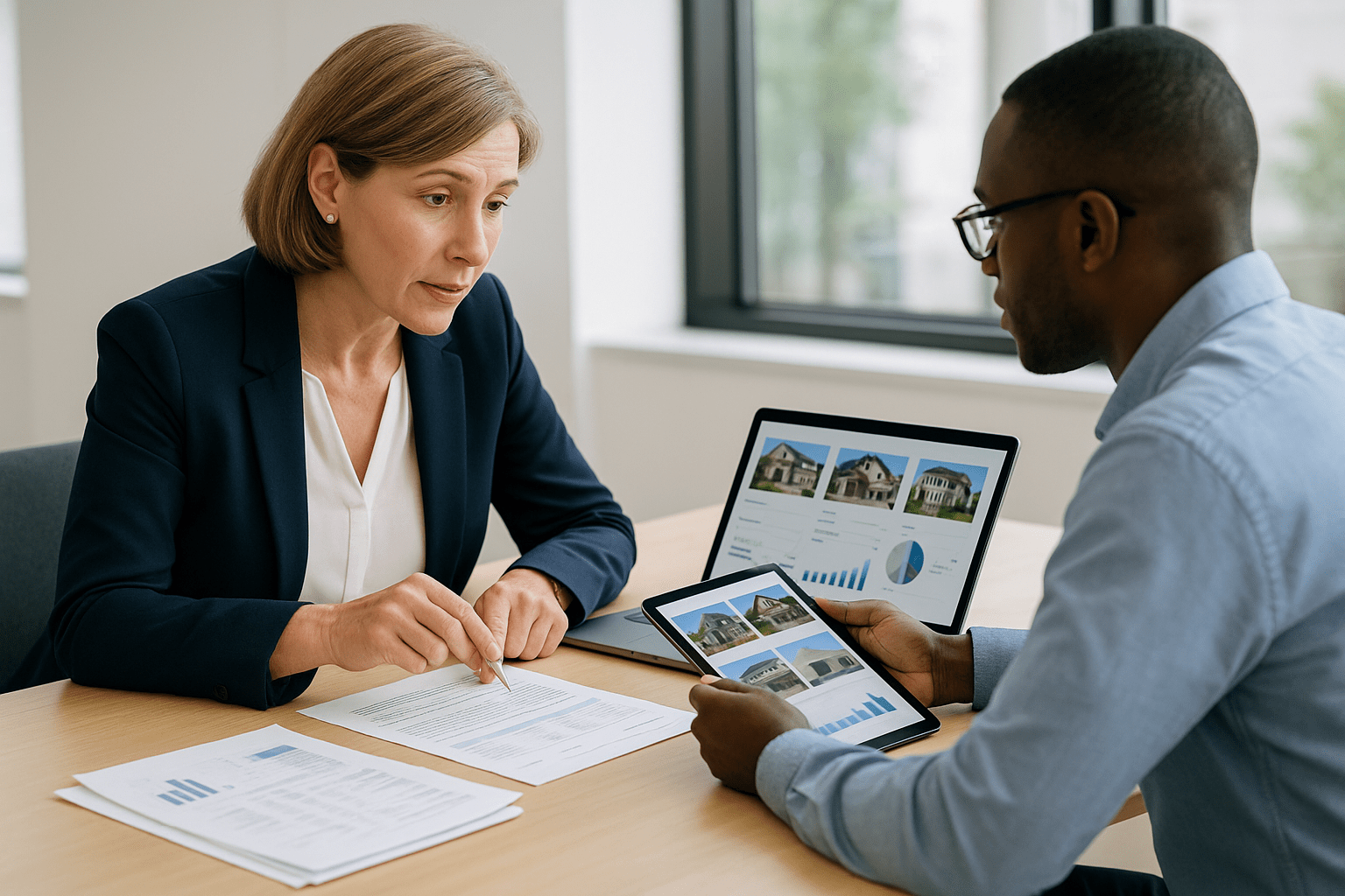 Self directed IRA real estate discussion between financial advisor and investor reviewing retirement account property investment options