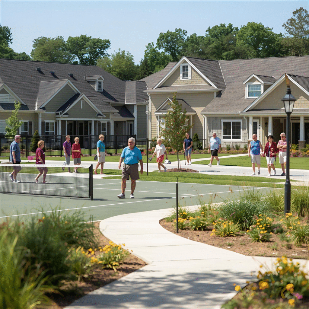 Active seniors enjoying amenities and social activities in vibrant 55+ community