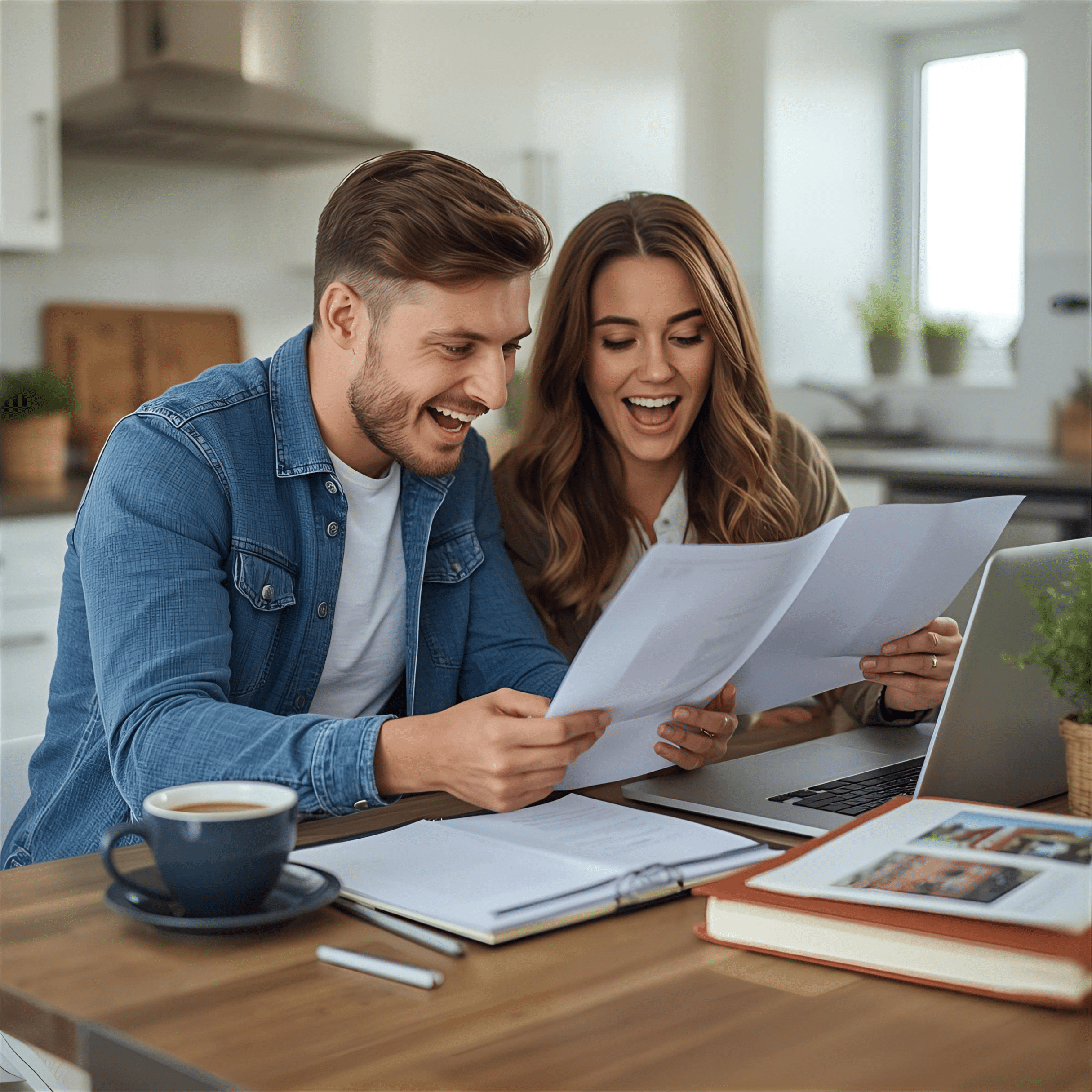 First-time investors reviewing rental property listings and investment documents at home together