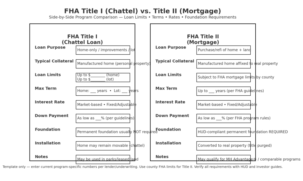 Side-by-side comparison of FHA Title I chattel loans versus Title II mortgage financing showing loan limits and foundation requirements for Manufactured Home Financing Options