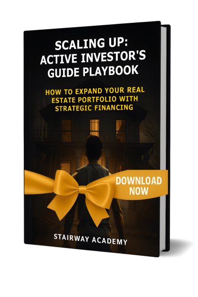 mockup of book cover titled ‘Scaling Up: Active Investor’s Guide Playbook’ with gold ribbon and download button