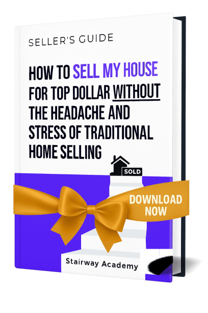 mockup of seller’s guidebook titled ‘How to Sell My House for Top Dollar’ with gold ribbon and download button